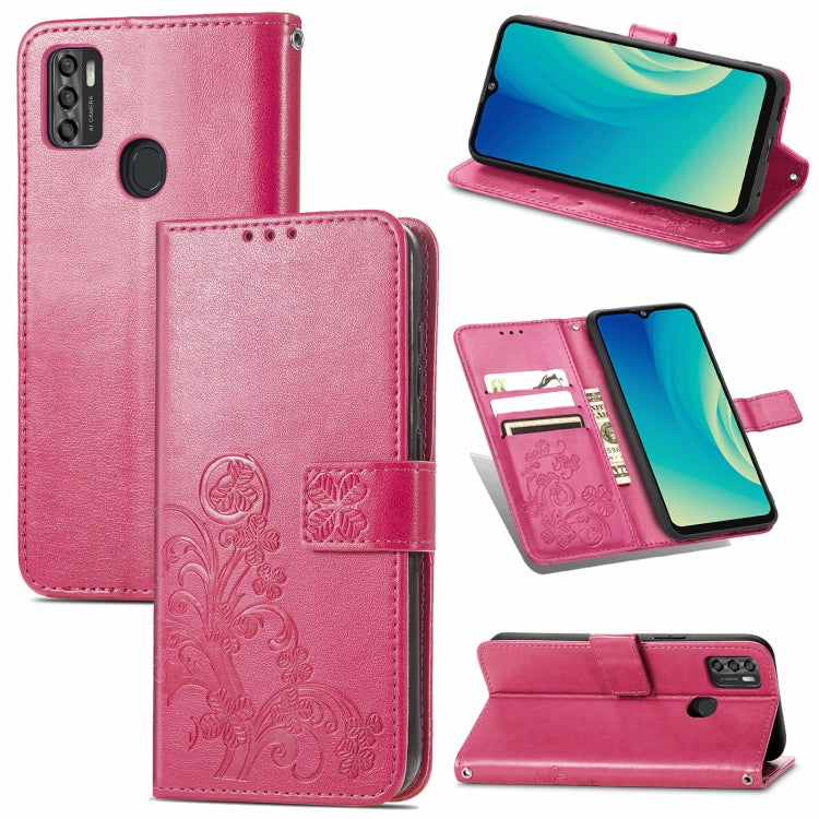 For ZTE A7S 2020 Four-leaf Clasp Embossed Buckle Mobile Phone Protection Leather Case with Lanyard & Card Slot & Wallet & Bracket Function