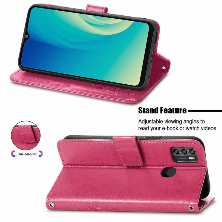 For ZTE A7S 2020 Four-leaf Clasp Embossed Buckle Mobile Phone Protection Leather Case with Lanyard & Card Slot & Wallet & Bracket Function