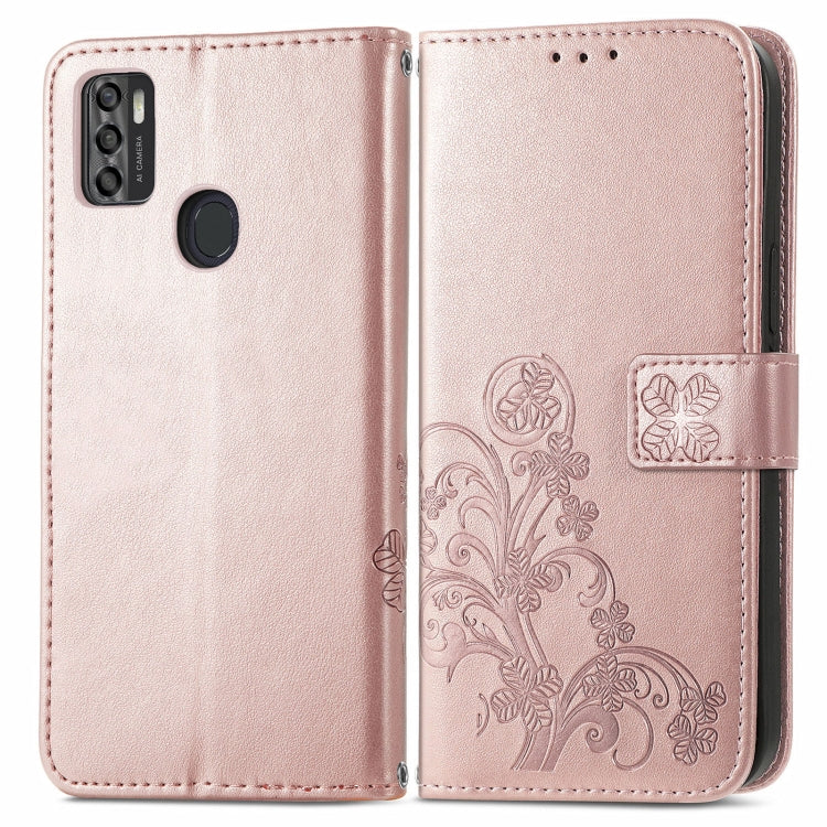 For ZTE A7S 2020 Four-leaf Clasp Embossed Buckle Mobile Phone Protection Leather Case with Lanyard & Card Slot & Wallet & Bracket Function