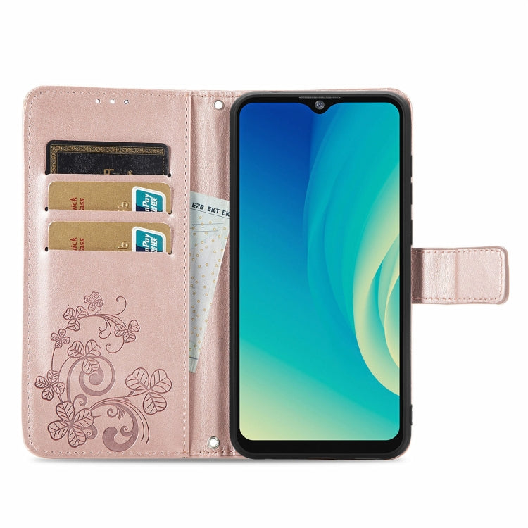 For ZTE A7S 2020 Four-leaf Clasp Embossed Buckle Mobile Phone Protection Leather Case with Lanyard & Card Slot & Wallet & Bracket Function