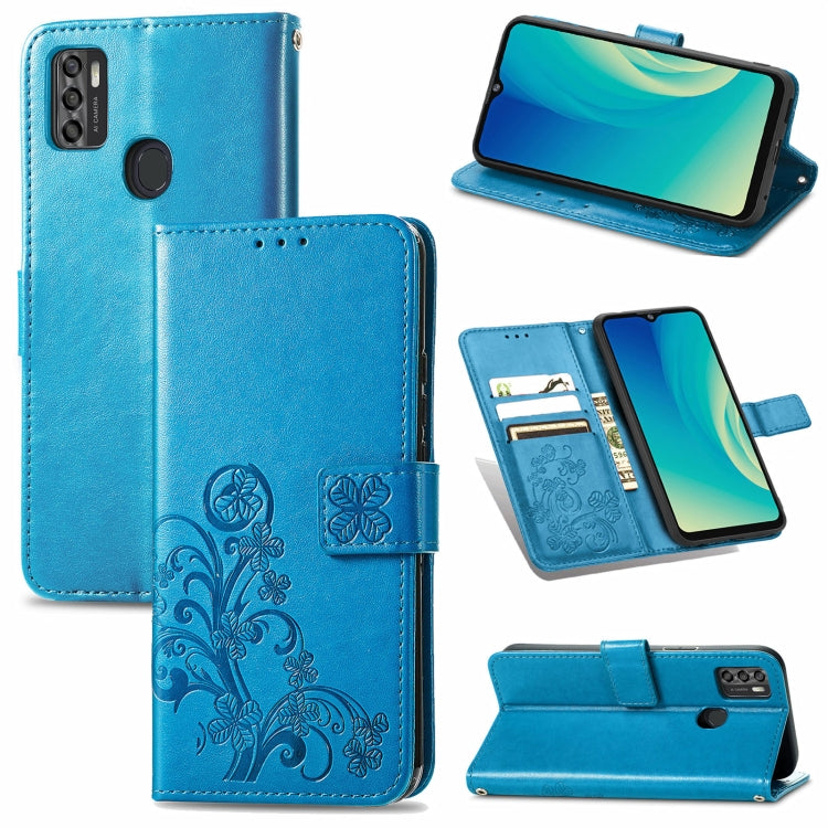 For ZTE A7S 2020 Four-leaf Clasp Embossed Buckle Mobile Phone Protection Leather Case with Lanyard & Card Slot & Wallet & Bracket Function