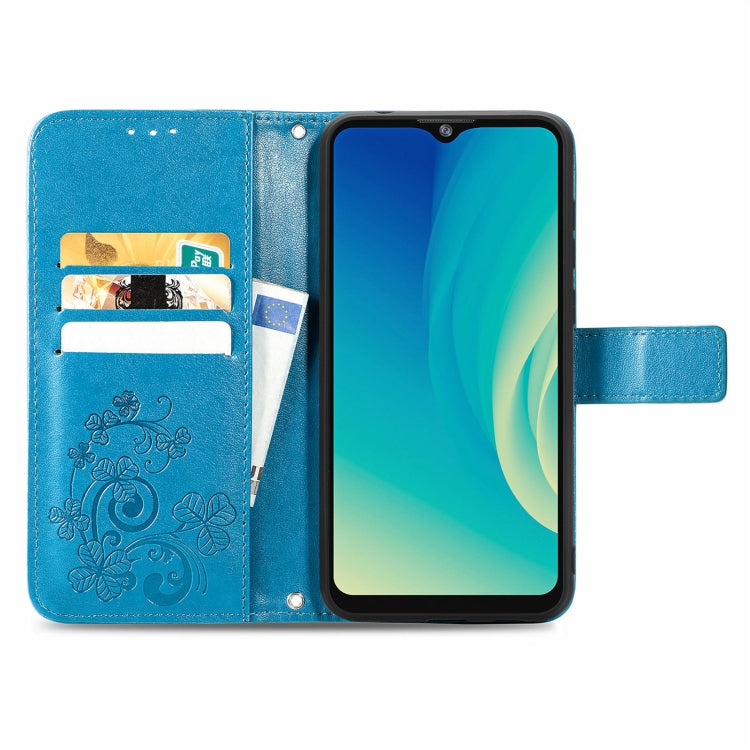 For ZTE A7S 2020 Four-leaf Clasp Embossed Buckle Mobile Phone Protection Leather Case with Lanyard & Card Slot & Wallet & Bracket Function