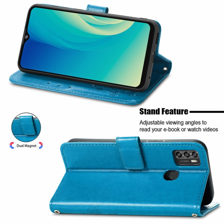 For ZTE A7S 2020 Four-leaf Clasp Embossed Buckle Mobile Phone Protection Leather Case with Lanyard & Card Slot & Wallet & Bracket Function