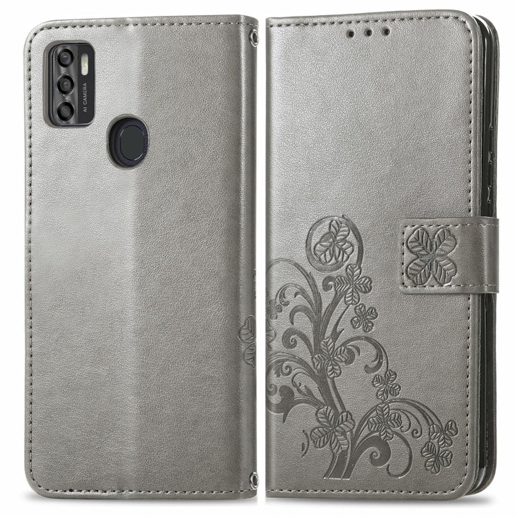 For ZTE A7S 2020 Four-leaf Clasp Embossed Buckle Mobile Phone Protection Leather Case with Lanyard & Card Slot & Wallet & Bracket Function