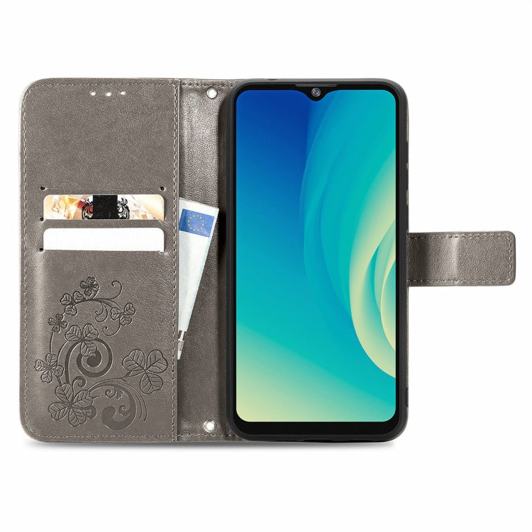 For ZTE A7S 2020 Four-leaf Clasp Embossed Buckle Mobile Phone Protection Leather Case with Lanyard & Card Slot & Wallet & Bracket Function