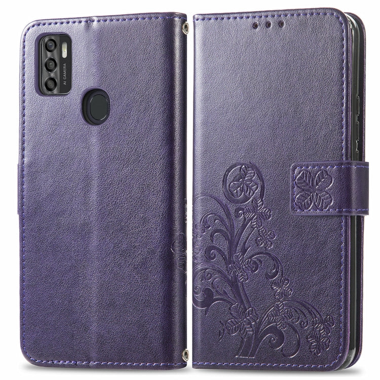 For ZTE A7S 2020 Four-leaf Clasp Embossed Buckle Mobile Phone Protection Leather Case with Lanyard & Card Slot & Wallet & Bracket Function