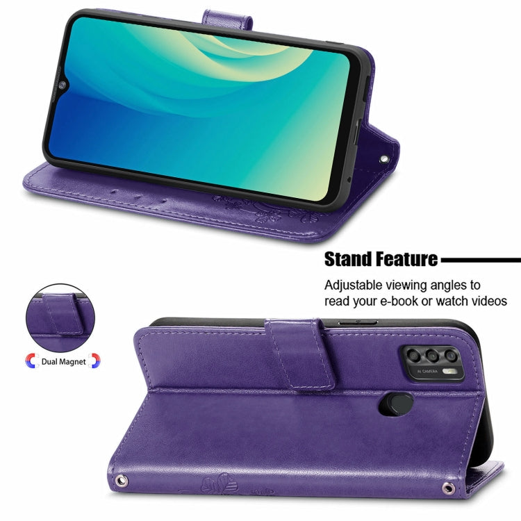 For ZTE A7S 2020 Four-leaf Clasp Embossed Buckle Mobile Phone Protection Leather Case with Lanyard & Card Slot & Wallet & Bracket Function