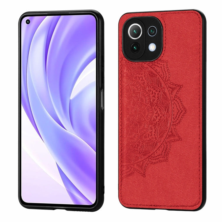 For Xiaomi Mi 11 Lite Mandala Embossed Cloth Cover PC + TPU Mobile Phone Case with Magnetic Function and Hand Strap