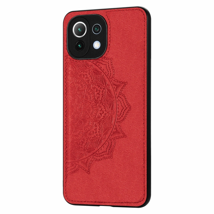 For Xiaomi Mi 11 Lite Mandala Embossed Cloth Cover PC + TPU Mobile Phone Case with Magnetic Function and Hand Strap