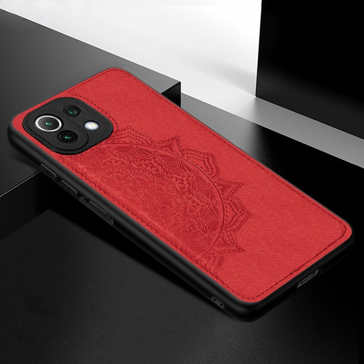 For Xiaomi Mi 11 Lite Mandala Embossed Cloth Cover PC + TPU Mobile Phone Case with Magnetic Function and Hand Strap