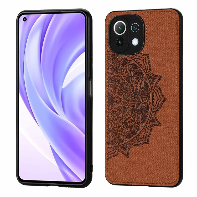 For Xiaomi Mi 11 Lite Mandala Embossed Cloth Cover PC + TPU Mobile Phone Case with Magnetic Function and Hand Strap