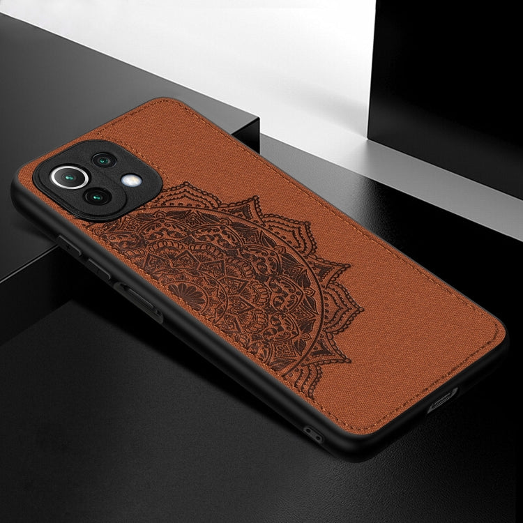 For Xiaomi Mi 11 Lite Mandala Embossed Cloth Cover PC + TPU Mobile Phone Case with Magnetic Function and Hand Strap