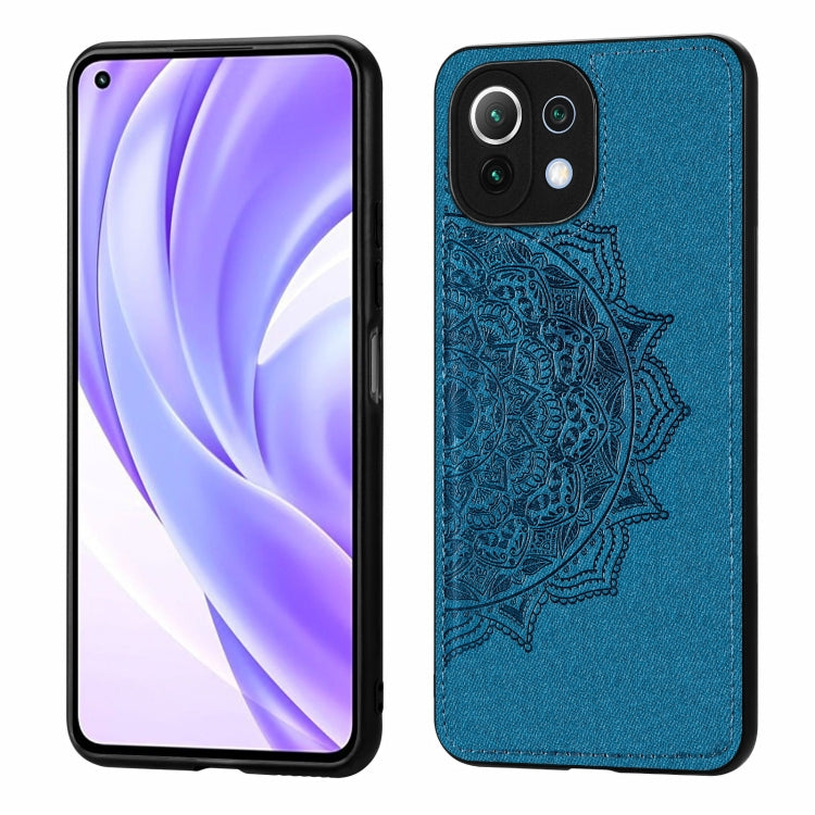 For Xiaomi Mi 11 Lite Mandala Embossed Cloth Cover PC + TPU Mobile Phone Case with Magnetic Function and Hand Strap