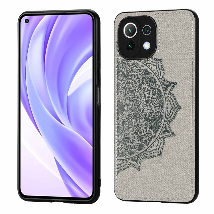 For Xiaomi Mi 11 Lite Mandala Embossed Cloth Cover PC + TPU Mobile Phone Case with Magnetic Function and Hand Strap