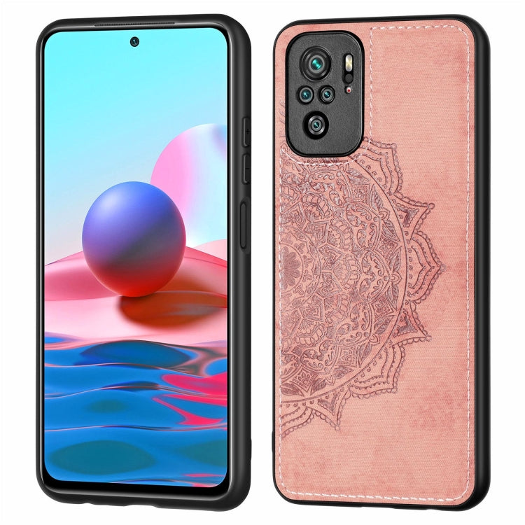 For Xiaomi Redmi Note10 4G Mandala Embossed Cloth Cover PC + TPU Mobile Phone Case with Magnetic Function and Hand Strap