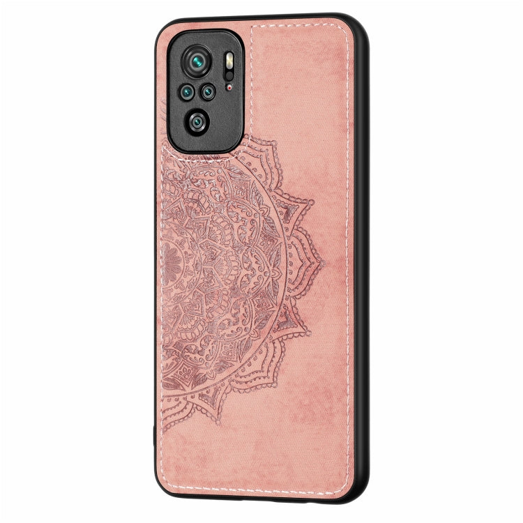 For Xiaomi Redmi Note10 4G Mandala Embossed Cloth Cover PC + TPU Mobile Phone Case with Magnetic Function and Hand Strap