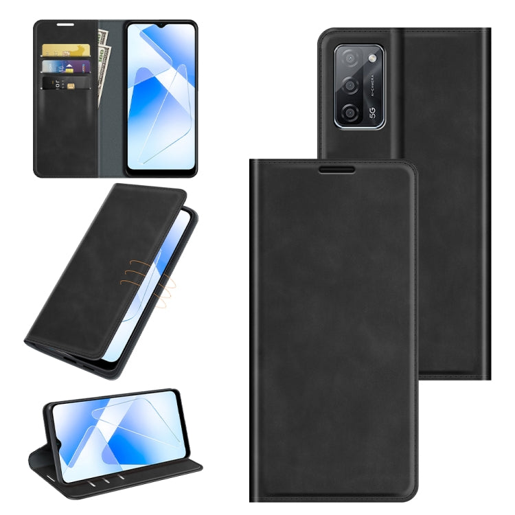 For OPPO A55 5G Retro-skin Business Magnetic Suction Leather Case with Holder & Card Slots & Wallet