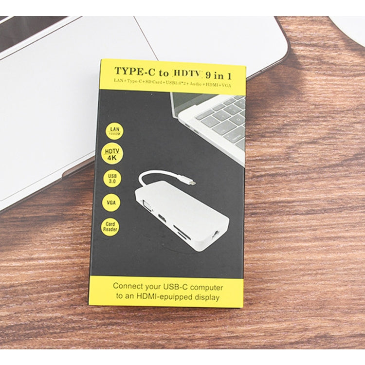 WS-06 9 in 1 Type-C to RJ45 + VGA + PD + HDMI + SD + TF + Audio 3.5mm+ 2 x USB3.0 HUB Adapter