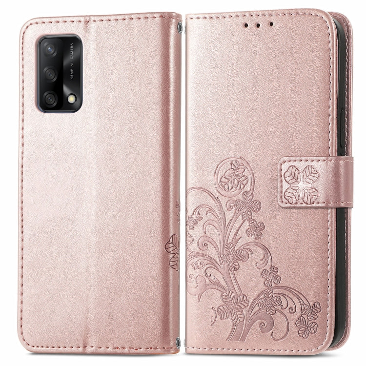 For OPPO F19 Four-leaf Clasp Embossed Buckle Mobile Phone Protection Leather Case with Lanyard & Card Slot & Wallet & Bracket Function