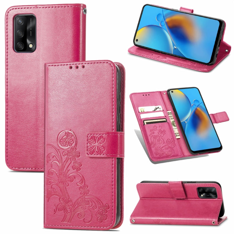 For OPPO F19 Four-leaf Clasp Embossed Buckle Mobile Phone Protection Leather Case with Lanyard & Card Slot & Wallet & Bracket Function