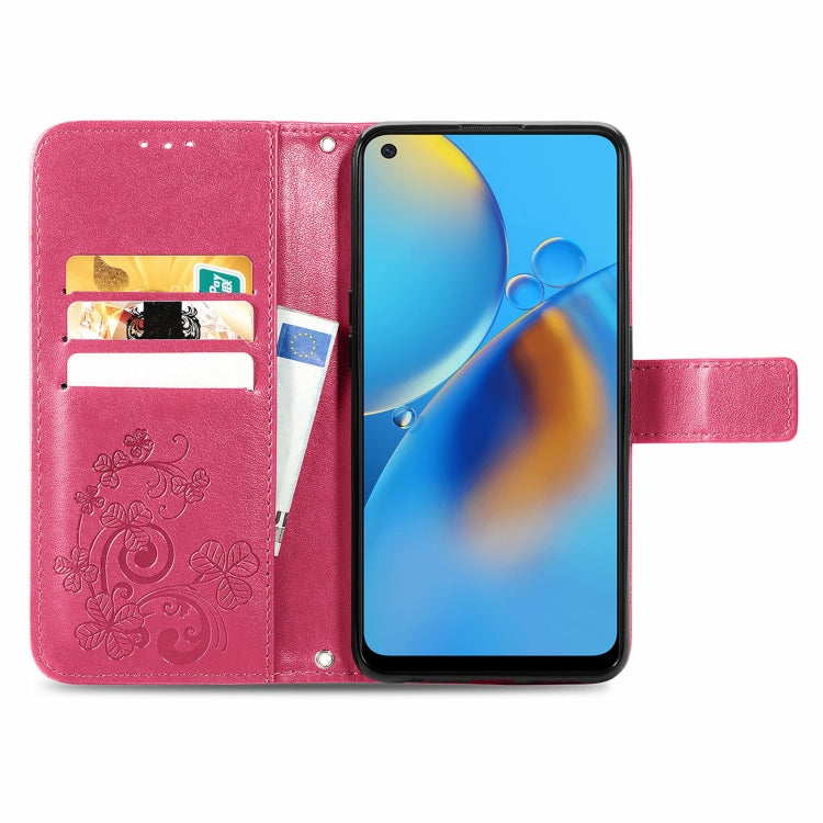 For OPPO F19 Four-leaf Clasp Embossed Buckle Mobile Phone Protection Leather Case with Lanyard & Card Slot & Wallet & Bracket Function