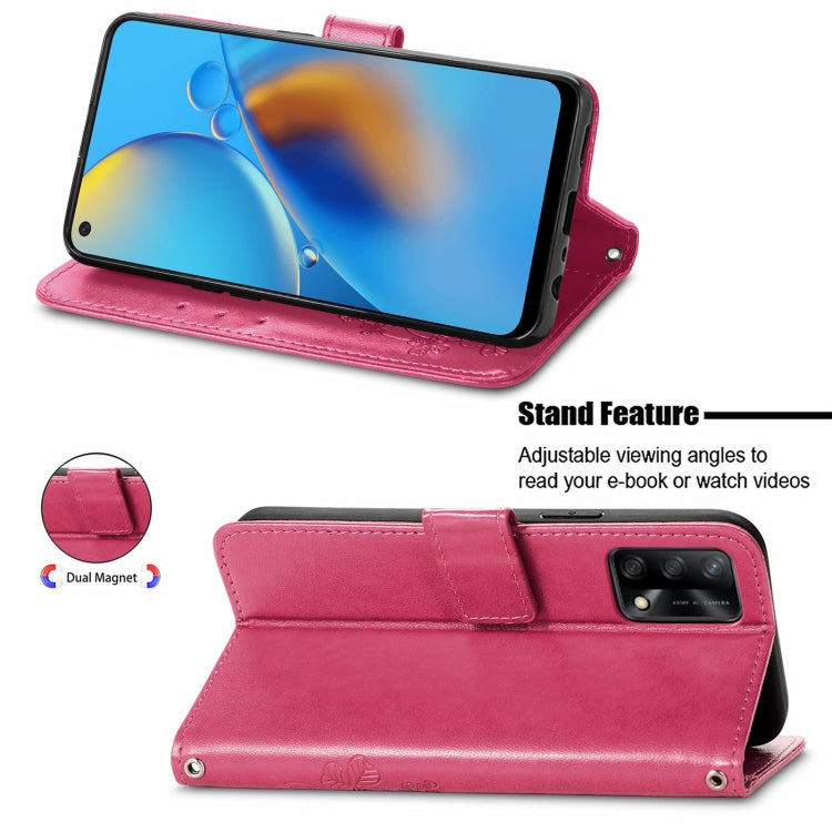 For OPPO F19 Four-leaf Clasp Embossed Buckle Mobile Phone Protection Leather Case with Lanyard & Card Slot & Wallet & Bracket Function