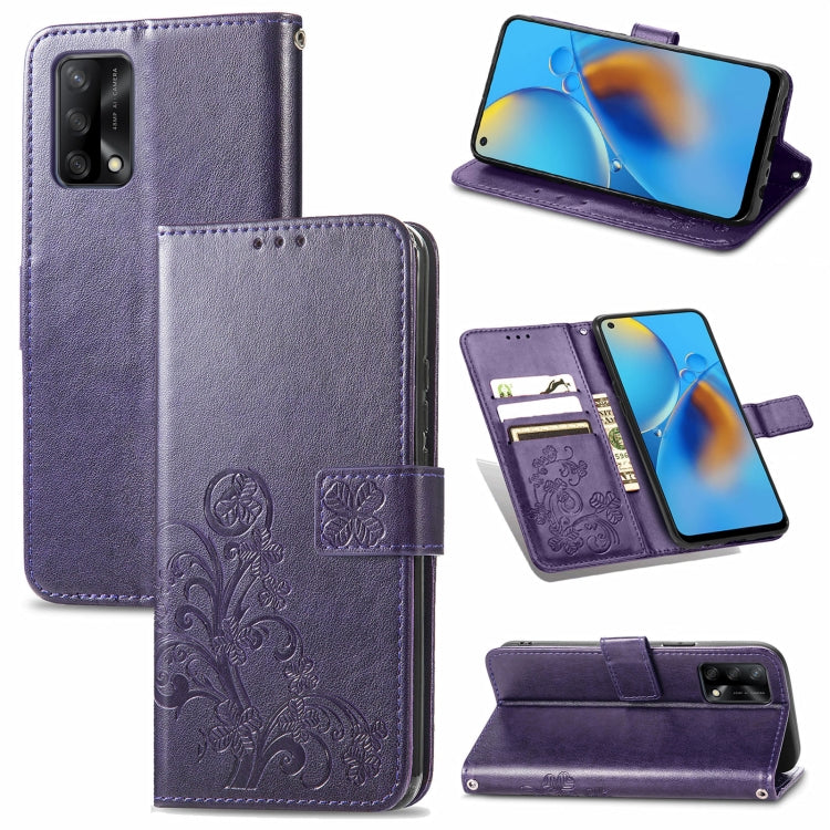 For OPPO F19 Four-leaf Clasp Embossed Buckle Mobile Phone Protection Leather Case with Lanyard & Card Slot & Wallet & Bracket Function