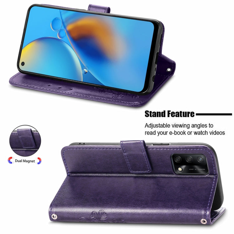 For OPPO F19 Four-leaf Clasp Embossed Buckle Mobile Phone Protection Leather Case with Lanyard & Card Slot & Wallet & Bracket Function