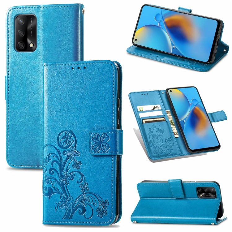 For OPPO F19 Four-leaf Clasp Embossed Buckle Mobile Phone Protection Leather Case with Lanyard & Card Slot & Wallet & Bracket Function