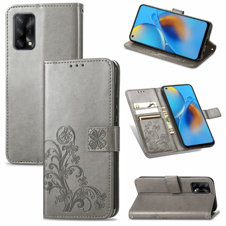 For OPPO F19 Four-leaf Clasp Embossed Buckle Mobile Phone Protection Leather Case with Lanyard & Card Slot & Wallet & Bracket Function