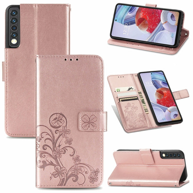For LG Stylo 7 4G Four-leaf Clasp Embossed Buckle Mobile Phone Protection Leather Case with Lanyard & Card Slot & Wallet & Bracket Function