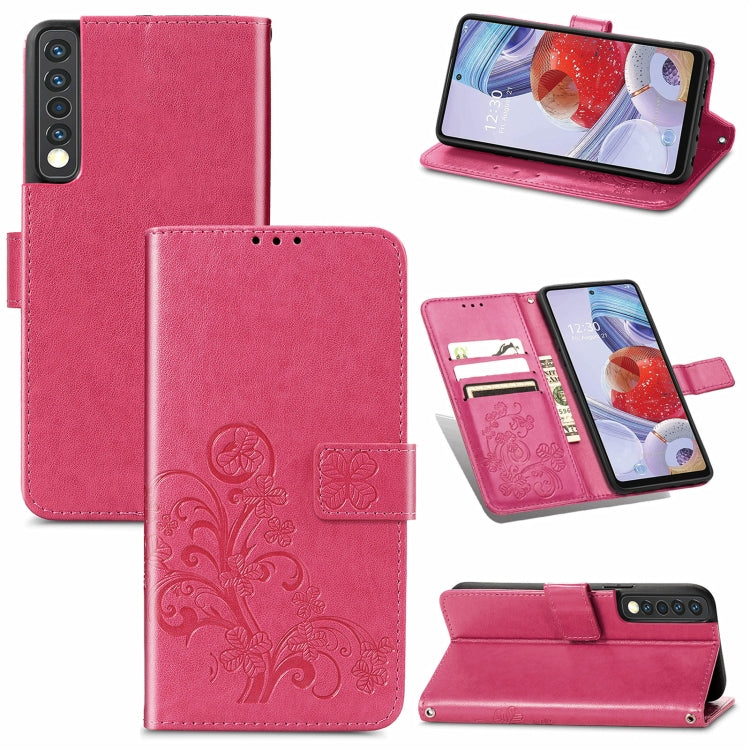 For LG Stylo 7 4G Four-leaf Clasp Embossed Buckle Mobile Phone Protection Leather Case with Lanyard & Card Slot & Wallet & Bracket Function
