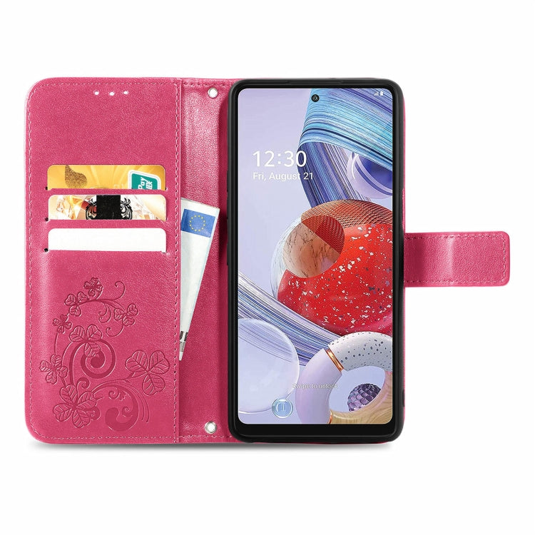 For LG Stylo 7 4G Four-leaf Clasp Embossed Buckle Mobile Phone Protection Leather Case with Lanyard & Card Slot & Wallet & Bracket Function