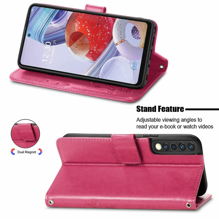 For LG Stylo 7 4G Four-leaf Clasp Embossed Buckle Mobile Phone Protection Leather Case with Lanyard & Card Slot & Wallet & Bracket Function