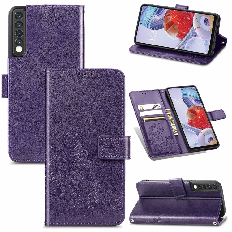 For LG Stylo 7 4G Four-leaf Clasp Embossed Buckle Mobile Phone Protection Leather Case with Lanyard & Card Slot & Wallet & Bracket Function