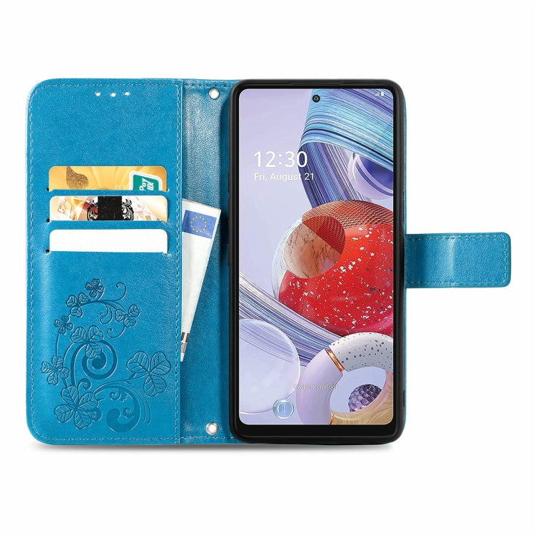 For LG Stylo 7 4G Four-leaf Clasp Embossed Buckle Mobile Phone Protection Leather Case with Lanyard & Card Slot & Wallet & Bracket Function