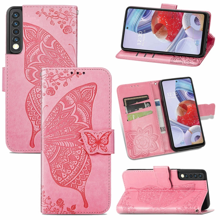 For LG Stylo 7 4G Butterfly Love Flower Embossed Horizontal Flip Leather Case with Bracket / Card Slot / Wallet / Lanyard