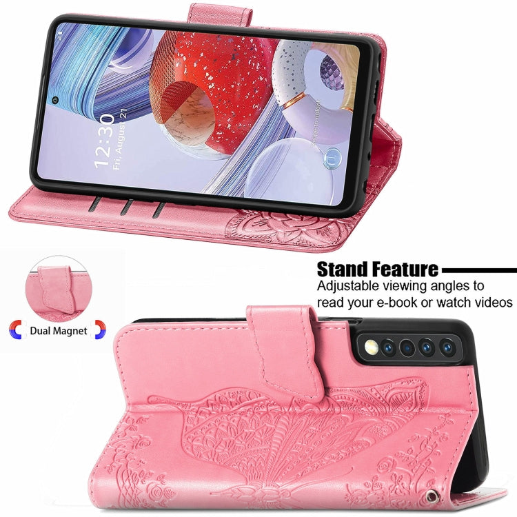 For LG Stylo 7 4G Butterfly Love Flower Embossed Horizontal Flip Leather Case with Bracket / Card Slot / Wallet / Lanyard