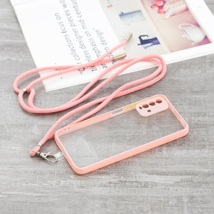 For Xiaomi Redmi 9T Transparent PC+TPU Phone Case with Contrast Color Button & Neck Lanyard