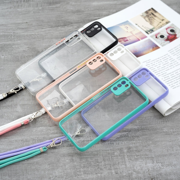 For Xiaomi Redmi 9T Transparent PC+TPU Phone Case with Contrast Color Button & Neck Lanyard