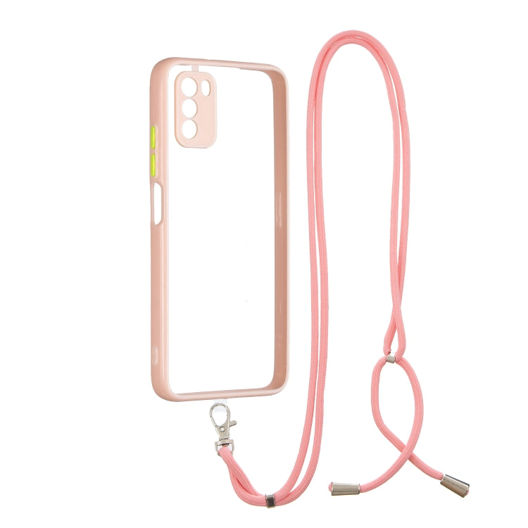For Xiaomi Redmi 9 Power / Poco M3 Transparent PC+TPU Phone Case with Contrast Color Button & Neck Lanyard