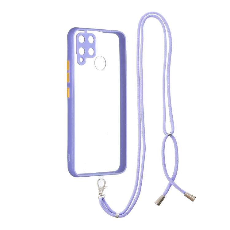 For OPPO Realme / C12 / C15 / Narzo 20 Transparent PC+TPU Phone Case with Contrast Color Button & Neck Lanyard
