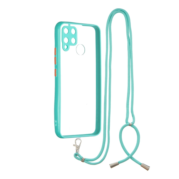 For OPPO Realme / C12 / C15 / Narzo 20 Transparent PC+TPU Phone Case with Contrast Color Button & Neck Lanyard