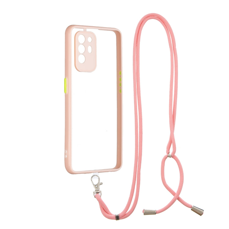 For OPPO F19 Pro+ Transparent PC+TPU Phone Case with Contrast Color Button & Neck Lanyard