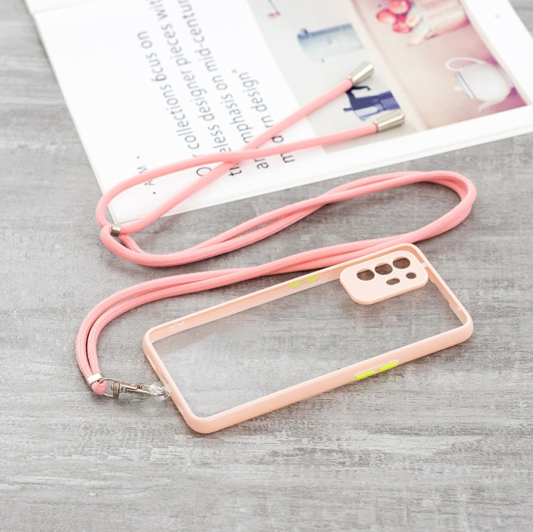 For OPPO F19 Pro+ Transparent PC+TPU Phone Case with Contrast Color Button & Neck Lanyard