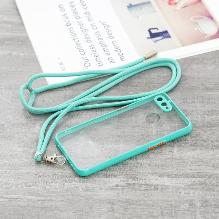 For OPPO A5S / A7 / A12 / A11K Transparent PC+TPU Phone Case with Contrast Color Button & Neck Lanyard