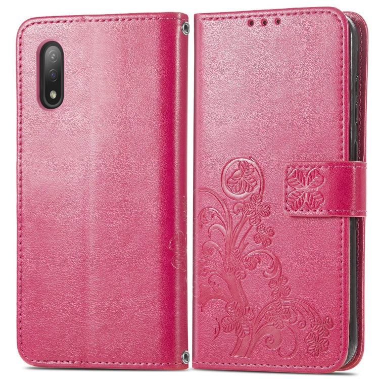 For Sony Xperia Ace II Four-leaf Clasp Embossed Buckle Mobile Phone Protection Leather Case with Lanyard & Card Slot & Wallet & Bracket Function
