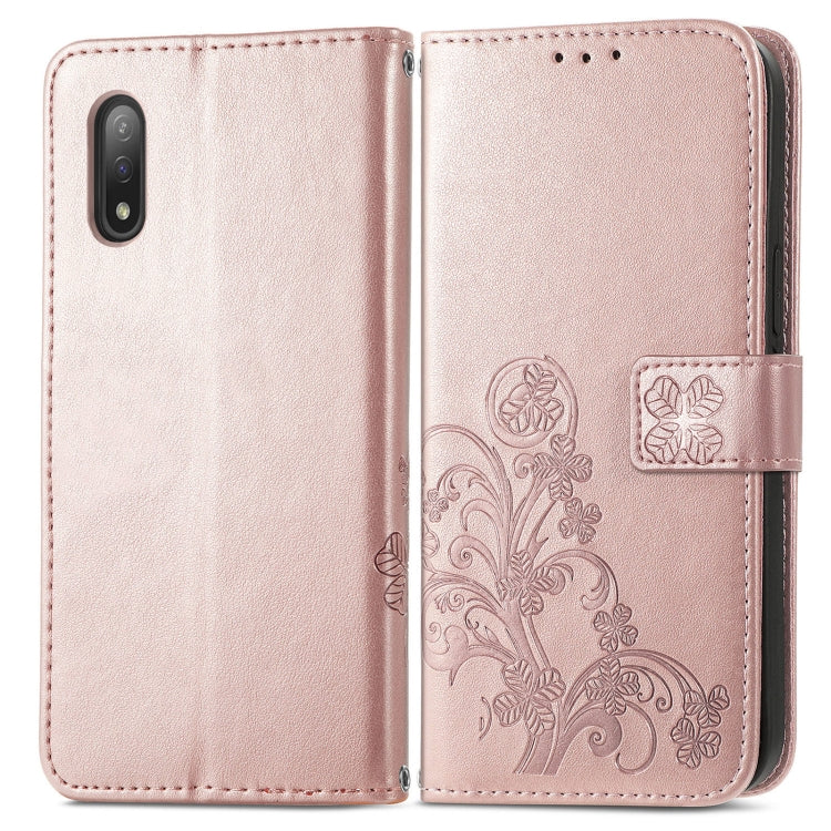 For Sony Xperia Ace II Four-leaf Clasp Embossed Buckle Mobile Phone Protection Leather Case with Lanyard & Card Slot & Wallet & Bracket Function