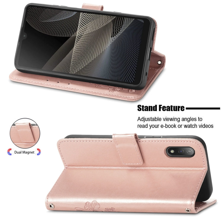 For Sony Xperia Ace II Four-leaf Clasp Embossed Buckle Mobile Phone Protection Leather Case with Lanyard & Card Slot & Wallet & Bracket Function