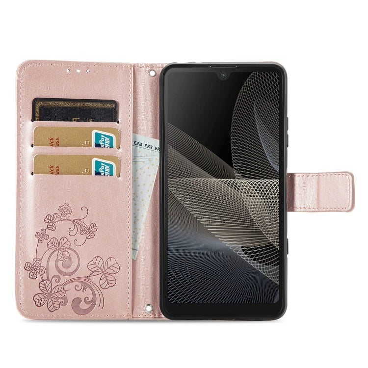 For Sony Xperia Ace II Four-leaf Clasp Embossed Buckle Mobile Phone Protection Leather Case with Lanyard & Card Slot & Wallet & Bracket Function